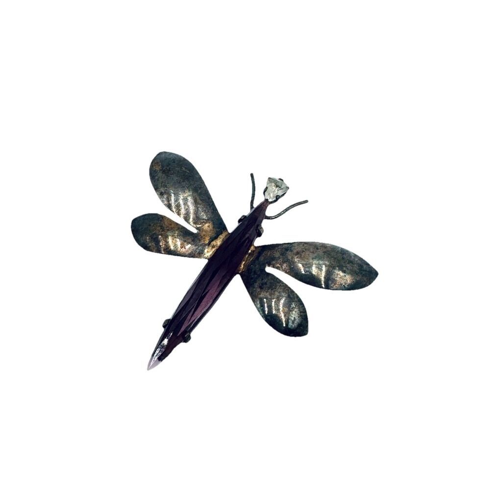 Vintage Jolle Sterling Dragonfly Brooch Pin Rhinestone Head / Purple Body
